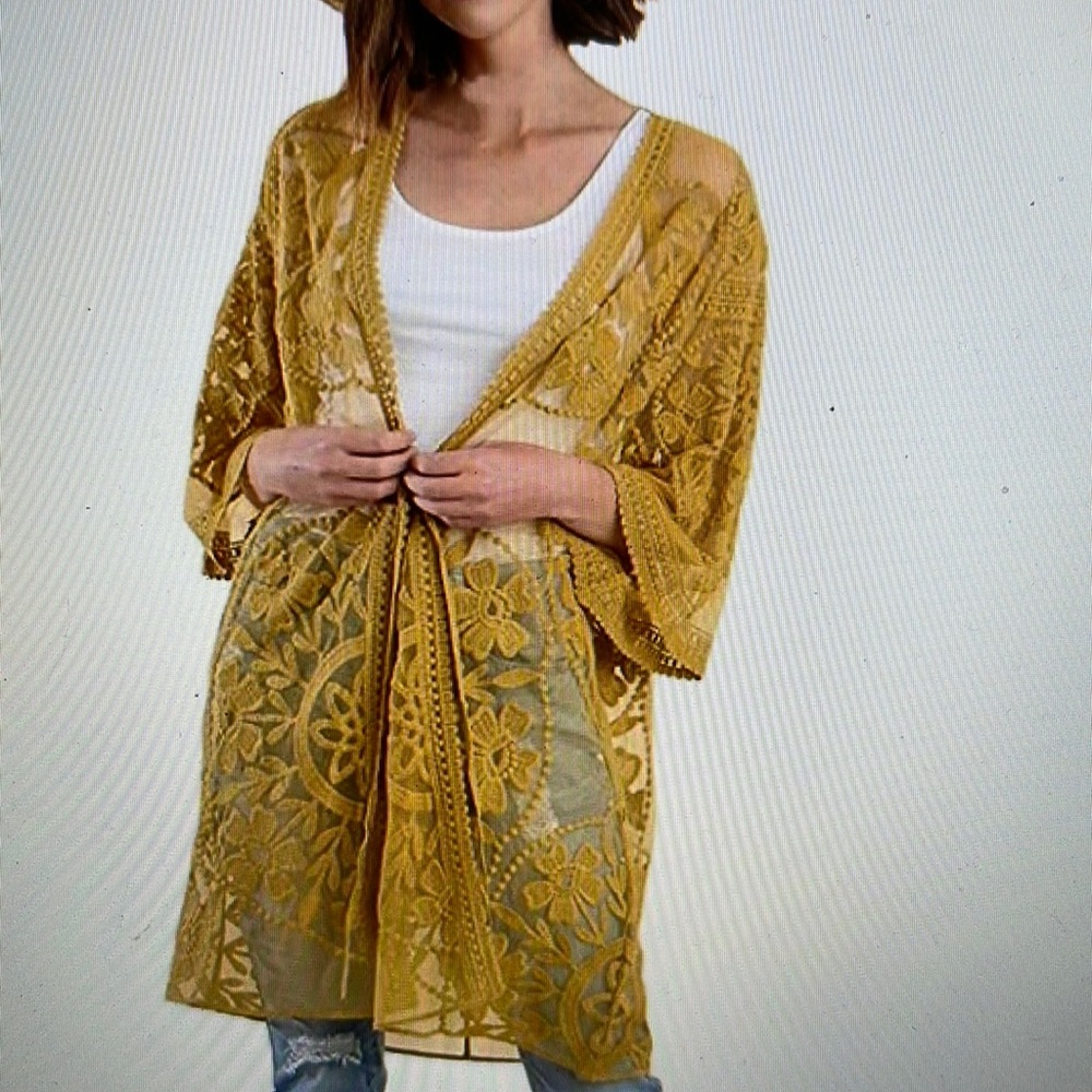 Umgee Golden Kiwi Kimono Blouse Sweater Top New
